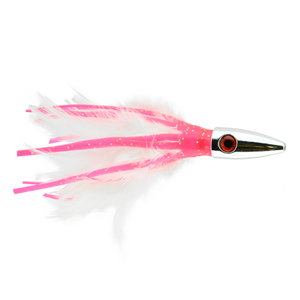 Billy Baits, Ahi Slayer Lure, Pink/White Feather/Vinyl Skirt, 5 in / 12.7 cm