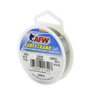 Surfstrand, Bare 1x7 Stainless Steel Leader Wire, 20 lb / 9 kg test, .011 in / 0.28 mm dia, Bright, 30 ft / 9.2 m