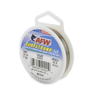 Surfstrand, Bare 1x7 Stainless Steel Leader Wire, 15 lb / 7 kg test, .010 in / 0.25 mm dia, Camo, 30 ft / 9.2 m