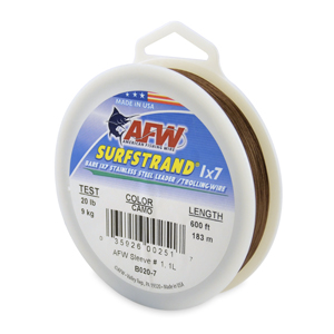 Surfstrand, Bare 1x7 Stainless Steel Leader Wire, 20 lb / 9 kg test, .011 in / 0.28 mm dia, Camo, 600 ft / 183 m
