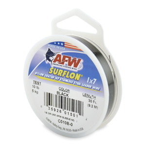 Surflon, Nylon Coated 1x7 Stainless Steel Leader Wire, 10 lb / 5 kg test, .012 in / 0.30 mm dia, Black, 30 ft / 9.2 m