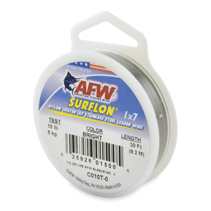 Surflon, Nylon Coated 1x7 Stainless Steel Leader Wire, 10 lb / 5 kg test, .012 in / 0.30 mm dia, Bright, 30 ft / 9.2 m