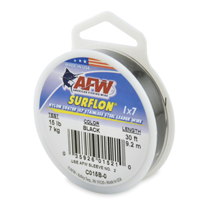 Surflon, Nylon Coated 1x7 Stainless Steel Leader Wire, 15 lb / 7 kg test, .015 in / 0.38 mm dia, Black, 30 ft / 9.2 m