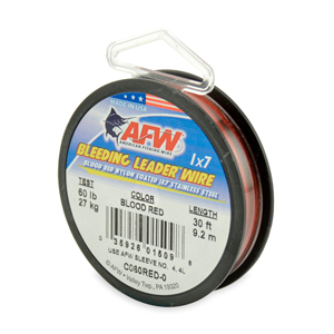 Bleeding Leader Wire, Nylon Coated 1x7 Stainless Steel Leader Wire, 60 lb / 27 kg test, .032 in / 0.81 mm dia, Red, 30 ft / 9.2 m