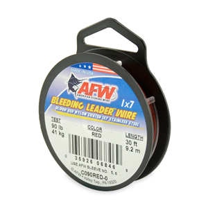 Bleeding Leader Wire, Nylon Coated 1x7 Stainless Steel Leader Wire, 90 lb / 41 kg test, .036 in / 0.91 mm dia, Red, 30 ft / 9.2 m