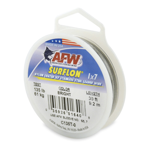Surflon, Nylon Coated 1x7 Stainless Steel Leader Wire, 135 lb / 61 kg test, .041 in / 1.04 mm dia, Bright, 30 ft / 9.2 m