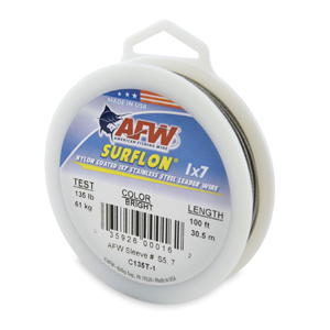 Surflon, Nylon Coated 1x7 Stainless Steel Leader Wire, 135 lb / 61 kg test, .041 in / 1.04 mm dia, Bright, 100 ft / 30.4 m