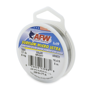 Surflon Micro Ultra, Nylon Coated 1x19 Stainless Steel Leader Wire, 17 lb / 8 kg test, .015 in / 0.37 mm dia, Bright, 16.4 ft / 5 m