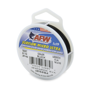 Surflon Micro Ultra, Nylon Coated 1x19 Stainless Steel Leader Wire, 61 lb / 28 kg test, .030 in / 0.76 mm dia, Black, 16.4 ft / 5 m