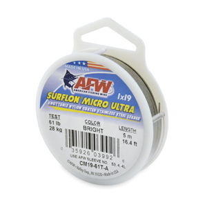 Surflon Micro Ultra, Nylon Coated 1x19 Stainless Steel Leader Wire, 61 lb / 28 kg test, .030 in / 0.76 mm dia, Bright, 16.4 ft / 5 m