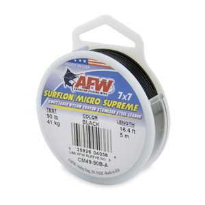 Surflon Micro Supreme, Nylon Coated 7x7 Stainless Steel Leader Wire, 90 lb / 41 kg test, .036 in / 0.91 mm dia, Black, 16.4 ft / 5 m