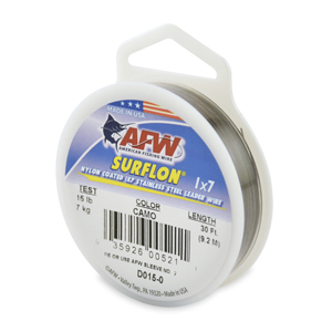 Surflon, Nylon Coated 1x7 Stainless Steel Leader Wire, 15 lb / 7 kg test, .015 in / 0.38 mm dia, Camo, 30 ft / 9.2 m