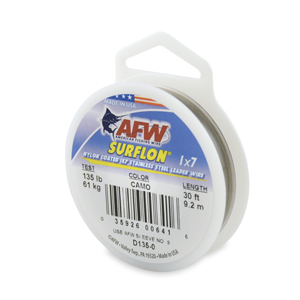 Surflon, Nylon Coated 1x7 Stainless Steel Leader Wire, 135 lb / 61 kg test, .041 in / 1.04 mm dia, Camo, 30 ft / 9.2 m