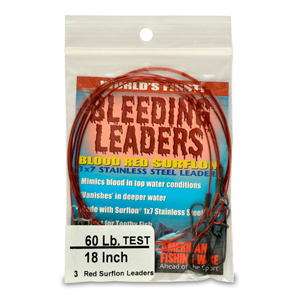 Bleeding Leaders, Nylon Coated 1x7 Stainless, Duo Lock Snap, 60 lb / 27 kg test, .032 in / 0.81 mm dia, Red, 18 in / 45 cm, 3 pc