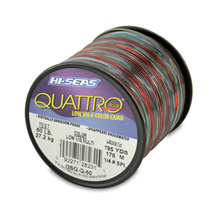 Quattro Monofilament Line, 60 lb / 27.2 kg test, .031 in / 0.80 mm dia, 4-Color Camo, 195 yd / 178 m, 1/4 lb / 0.11 kg Spool