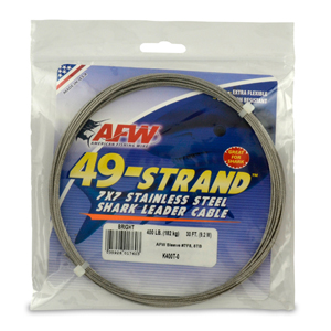 49 Strand, 7x7 Stainless Steel Shark Leader Cable, 400 lb / 182 kg test, .054 in / 1.37 mm dia, Bright, 30 ft / 9.2 m