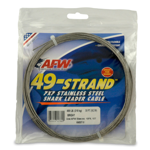 49 Strand, 7x7 Stainless Steel Shark Leader Cable, 480 lb / 218 kg test, .062 in / 1.57 mm dia, Bright, 30 ft / 9.2 m