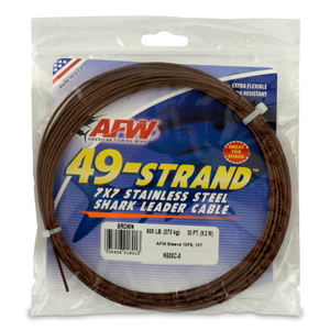 49 Strand, 7x7 Stainless Steel Shark Leader Cable, 600 lb / 273 kg test, .072 in / 1.83 mm dia, Camo, 30 ft / 9.2 m