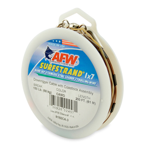 Surfstrand Downrigger Wire, 1x7 Stainless Steel, Complete Assembly, 150 lb / 68 kg test, .031 in / 0.79 mm dia, Camo, 200 ft / 61 m