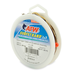 Surfstrand Downrigger Wire, 1x7 Stainless Steel, Complete Assembly, 150 lb / 68 kg test, .031 in / 0.79 mm dia, Camo, 300 ft / 92 m