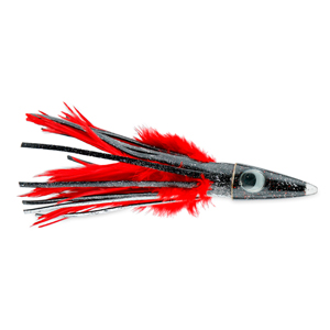 C&H, Tuna Tango XL Feather Lure, Black Foil/Red Feather Skirt, 6.5 in / 16.5 cm