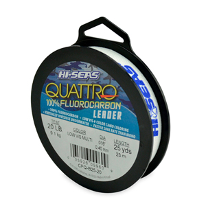 Quattro 100% Fluorocarbon Leader, 20 lb / 9.0 kg test, .017 in / 0.42 mm dia, 4-Color Camo, 25 yd / 23 m