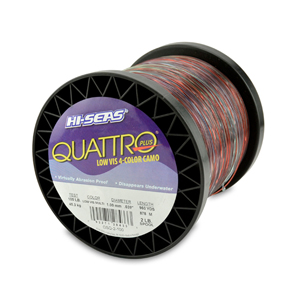 Quattro Monofilament Line, 100 lb / 45.3 kg test, .039 in / 1.00 mm dia, 4-Color Camo, 960 yd / 878 m, 2 lb / 0.90 kg Spool