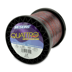 Quattro Monofilament Line, 12 lb / 5.4 kg test, .014 in / 0.35 mm dia, 4-Color Camo, 8000 yd / 3715 m, 2 lb / 0.90 kg Spool