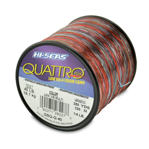Quattro Monofilament Line, 40 lb / 18.1 kg test, .024 in / 0.60 mm dia, 4-Color Camo, 350 yd / 320 m, 1/4 lb / 0.11 kg Spool