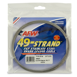 49 Strand, 7x7 Stainless Steel Shark Leader Cable, 175 lb / 80 kg test, .036 in / 0.91 mm dia, Bright, 30 ft / 9.2 m