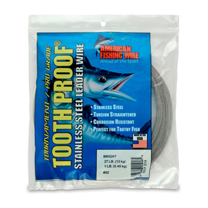 #2 Tooth Proof Stainless Steel Single Strand Leader Wire, 27 lb / 12 kg test, .011 in / 0.28 mm dia, Bright, 1 lb / 0.45 kg Coil