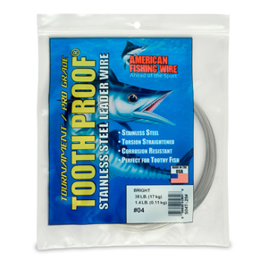 #4 Tooth Proof Stainless Steel Single Strand Leader Wire, 38 lb / 17 kg test, .013 in / 0.33 mm dia, Bright, 1/4 lb / 0.11 kg Coil