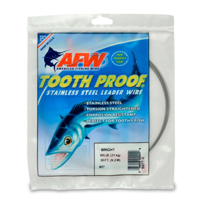 #7 Tooth Proof Stainless Steel Single Strand Leader Wire, 69 lb / 31 kg test, .018 in / 0.46 mm dia, Bright, 30 ft / 9.2 m