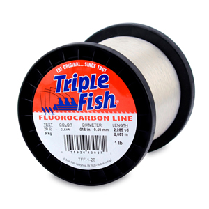 Triple Fish 100% Fluorocarbon Leader, 20 lb / 9.1 kg test, 0.016 in / 0.40 mm dia, Clear, 1 lb / 0.45 kg Spool