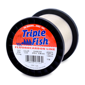 Triple Fish 100% Fluorocarbon Leader, 25 lb / 11.3 kg test, 0.019 in / 0.48 mm dia, Clear, 1 lb / 0.45 kg Spool