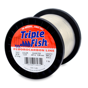 Triple Fish 100% Fluorocarbon Leader, 60 lb / 27.2 kg test, 0.031 in / 0.80 mm dia, Clear, 1 lb / 0.45 kg Spool