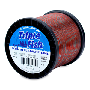 Triple Fish Monofilament Line, 10 lb / 4.5 kg test, .012 in / 0.30 mm dia, Camo, 5920 yd / 4413 m, 1 lb / 0.45 kg Spool