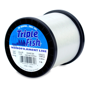 Triple Fish Monofilament Line, 15 lb / 6.8 kg test, .016 in / 0.40 mm dia, Clear, 3440 yd / 3146 m, 1 lb / 0.45 kg Spool