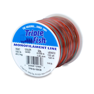 Triple Fish Monofilament Line, 100 lb / 45.3 kg test, .039 in / 1.00 mm dia, Camo, 133 yd / 122 m, 1 lb / 0.45 kg Spool