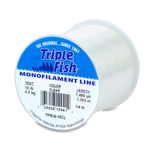 Triple Fish Monofilament Line, 10 lb / 4.5 kg test, .012 in / 0.30 mm dia, Clear, 1480 yd / 1353 m, 1/4 lb / 0.11 kg Spool